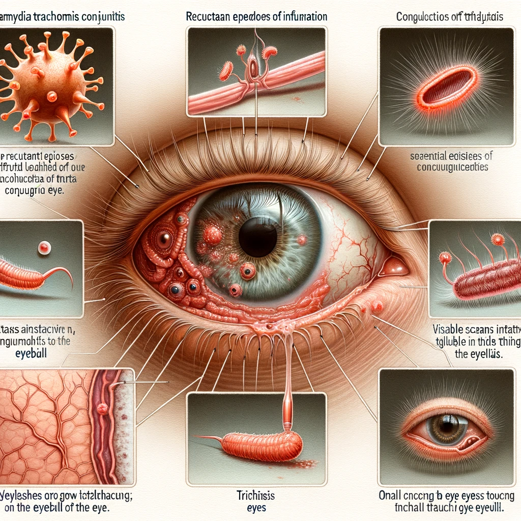 Ilustración educativa que muestra el proceso de infección por tracoma, desde la conjuntivitis inicial hasta la cicatrización y triquiasis.