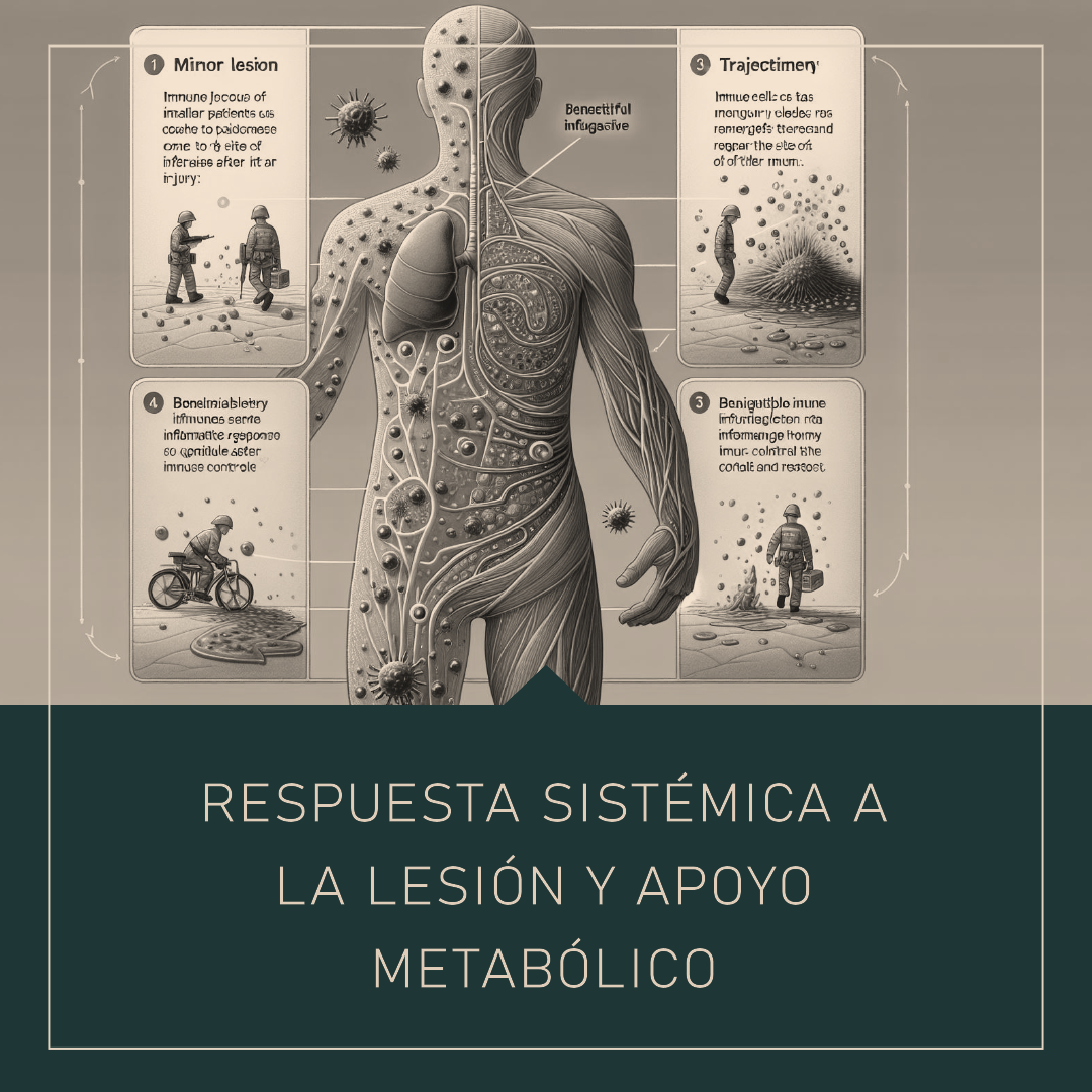 Ilustración que muestra la evolución de la respuesta inflamatoria en el cuerpo humano tras una lesión, desde la reparación inicial hasta la inflamación crónica.